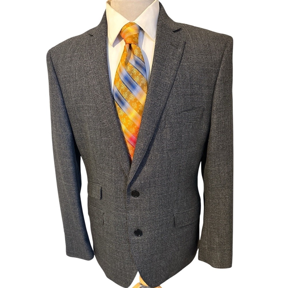 Tallia Sz 44R Slim Fit Gray Glen Plaid Wool Flannel Sport Coat Blazer Jacket